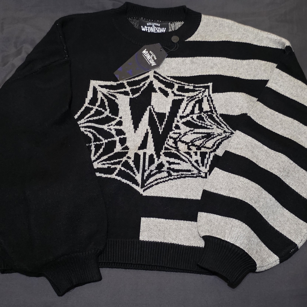 Wednesday Nevermore Black and Gray Sweater with Graphic Design